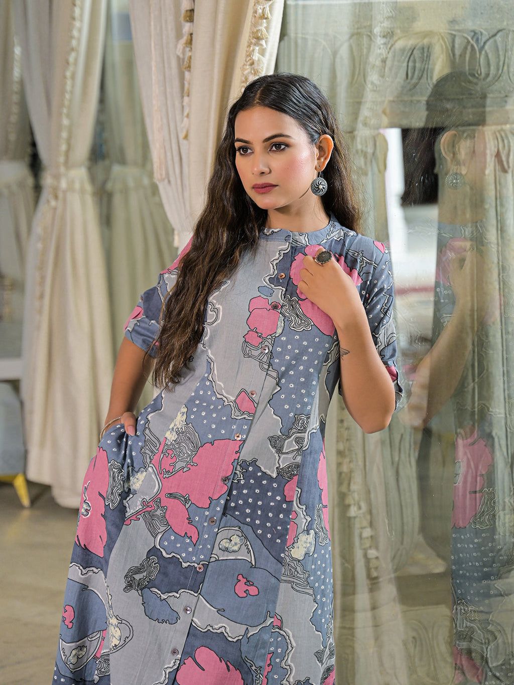 Noe Velarro Grey Floral Print A-Line Cotton Kurta Pant Sets