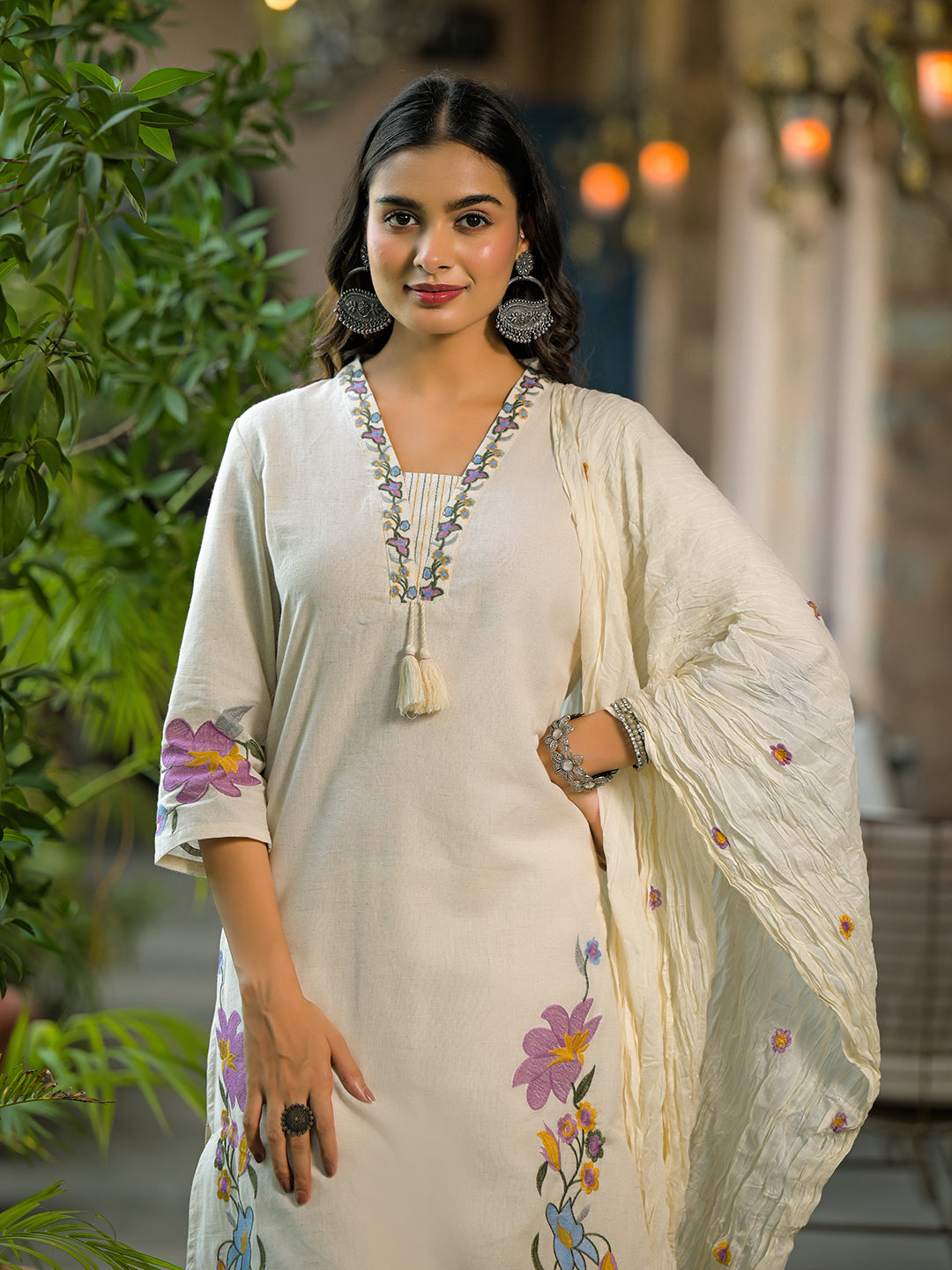 Noe Velarro Off White Embroidered Cotton Kurta Sets With Dupatta