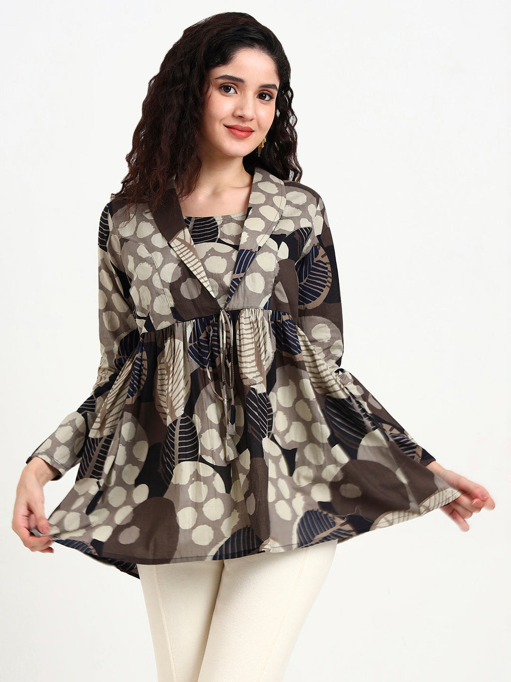 Noe Velarro Grey Floral Print Cotton Top