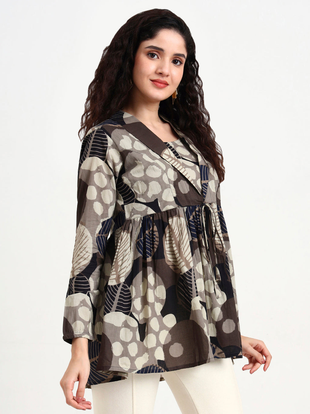 Noe Velarro Grey Floral Print Cotton Top