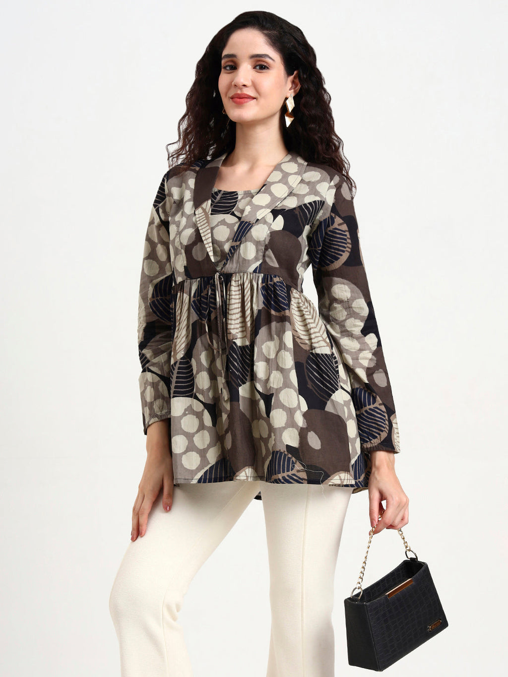 Noe Velarro Grey Floral Print Cotton Top