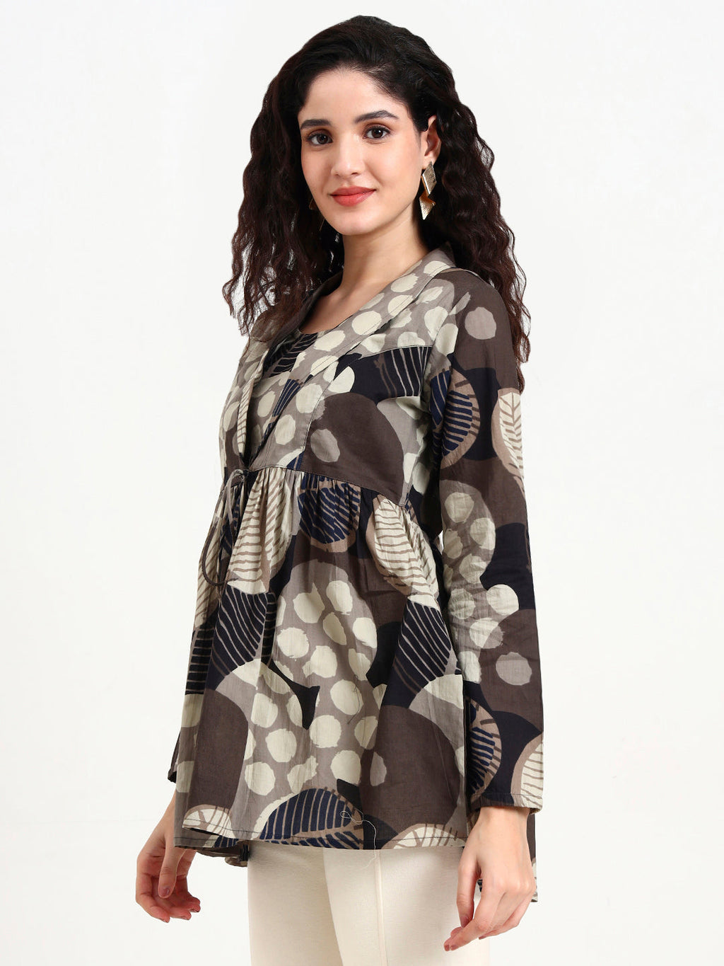 Noe Velarro Grey Floral Print Cotton Top