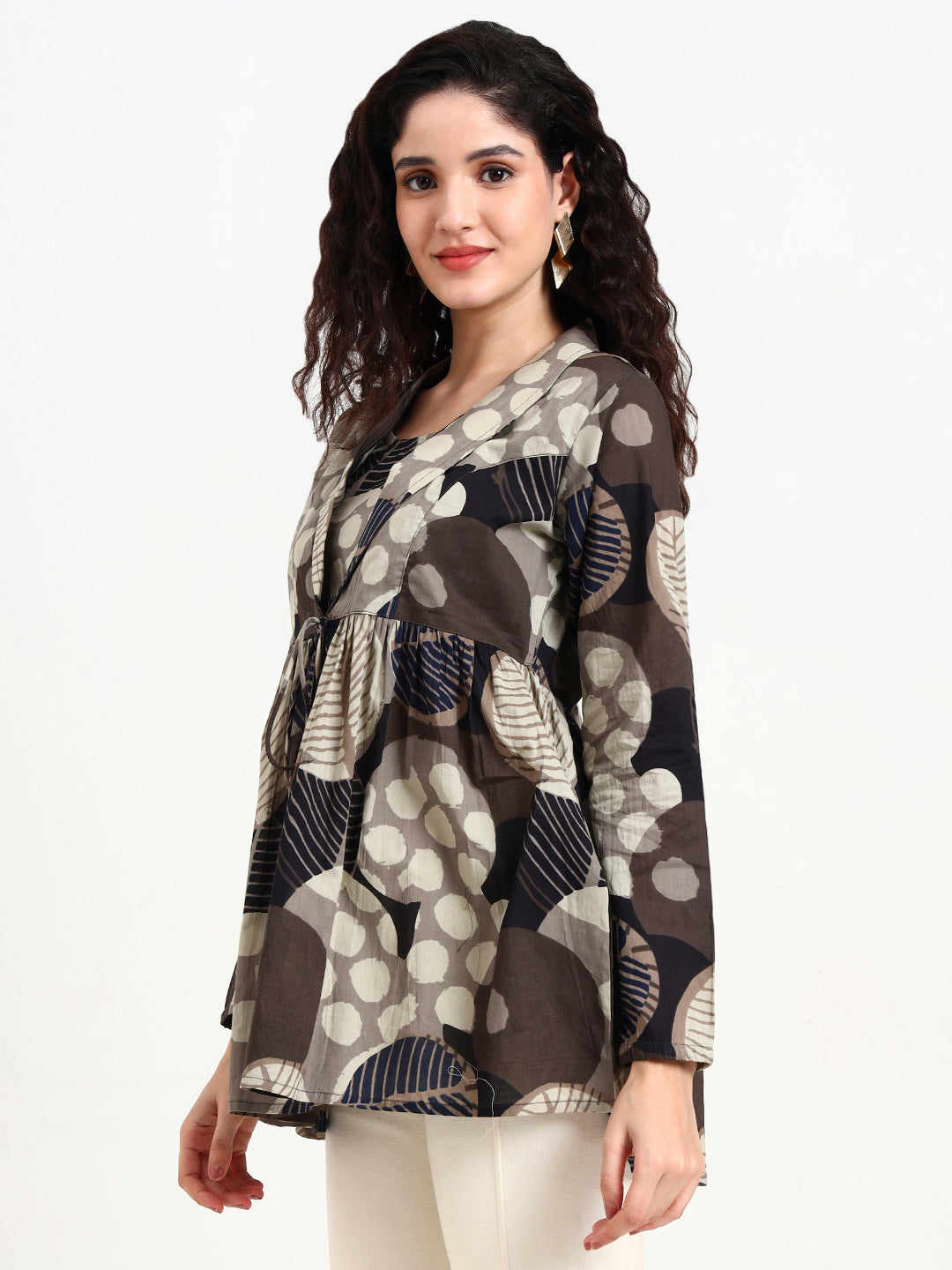 Noe Velarro Grey Floral Print Cotton Top