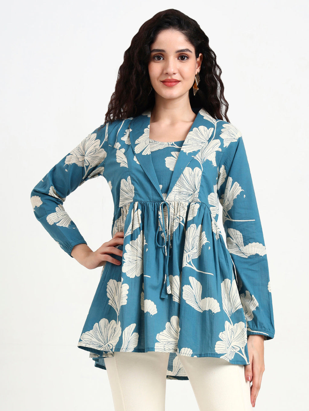 Noe Velarro Teal Blue Floral Print Cotton Top