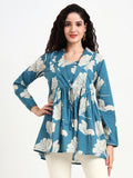 Noe Velarro Teal Blue Floral Print Cotton Top