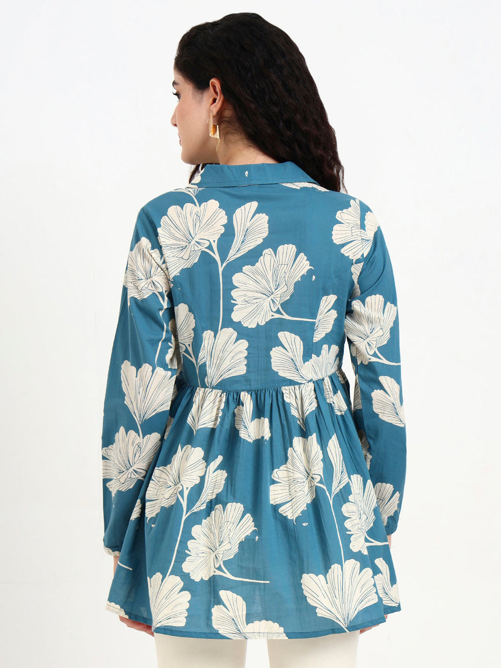 Noe Velarro Teal Blue Floral Print Cotton Top