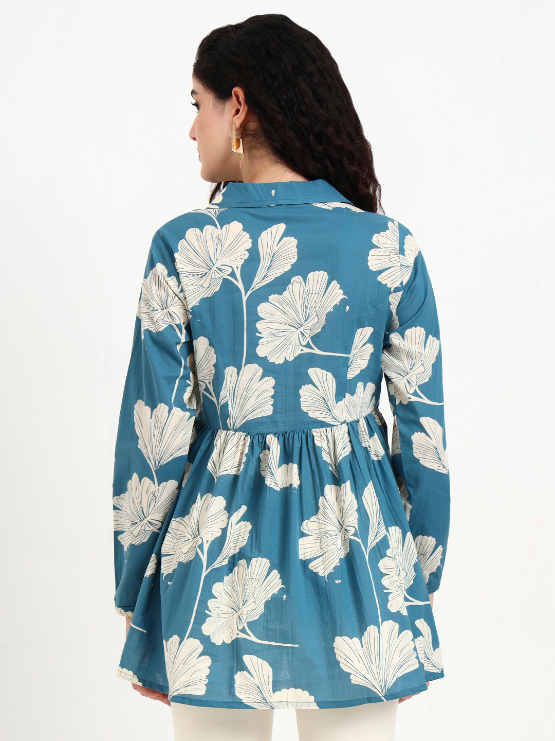 Noe Velarro Teal Blue Floral Print Cotton Top
