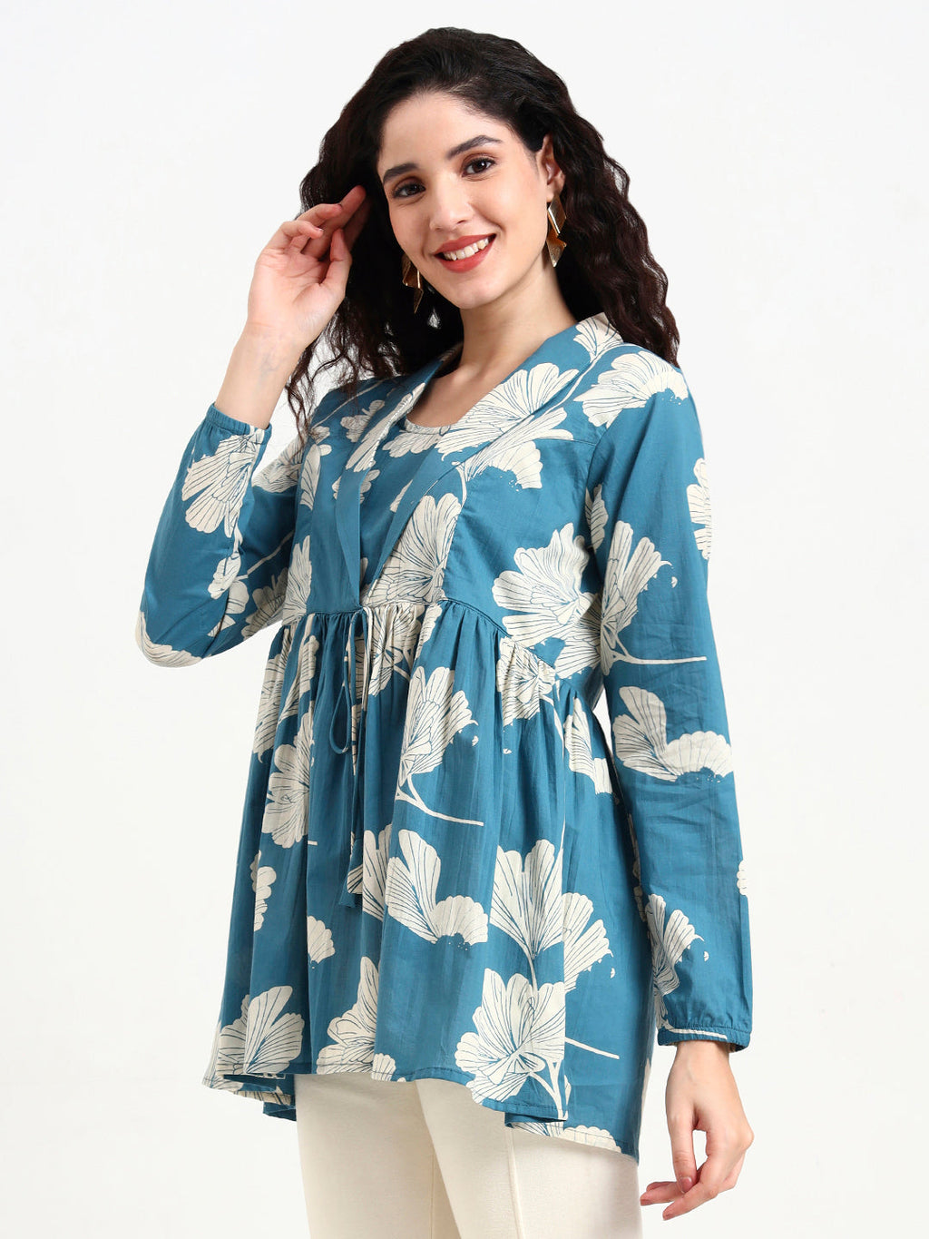 Noe Velarro Teal Blue Floral Print Cotton Top