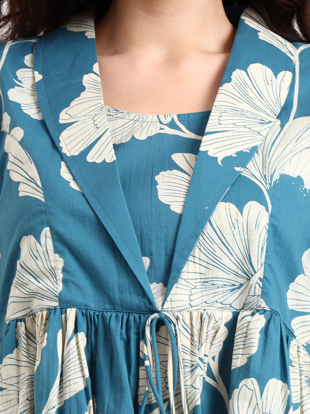 Noe Velarro Teal Blue Floral Print Cotton Top