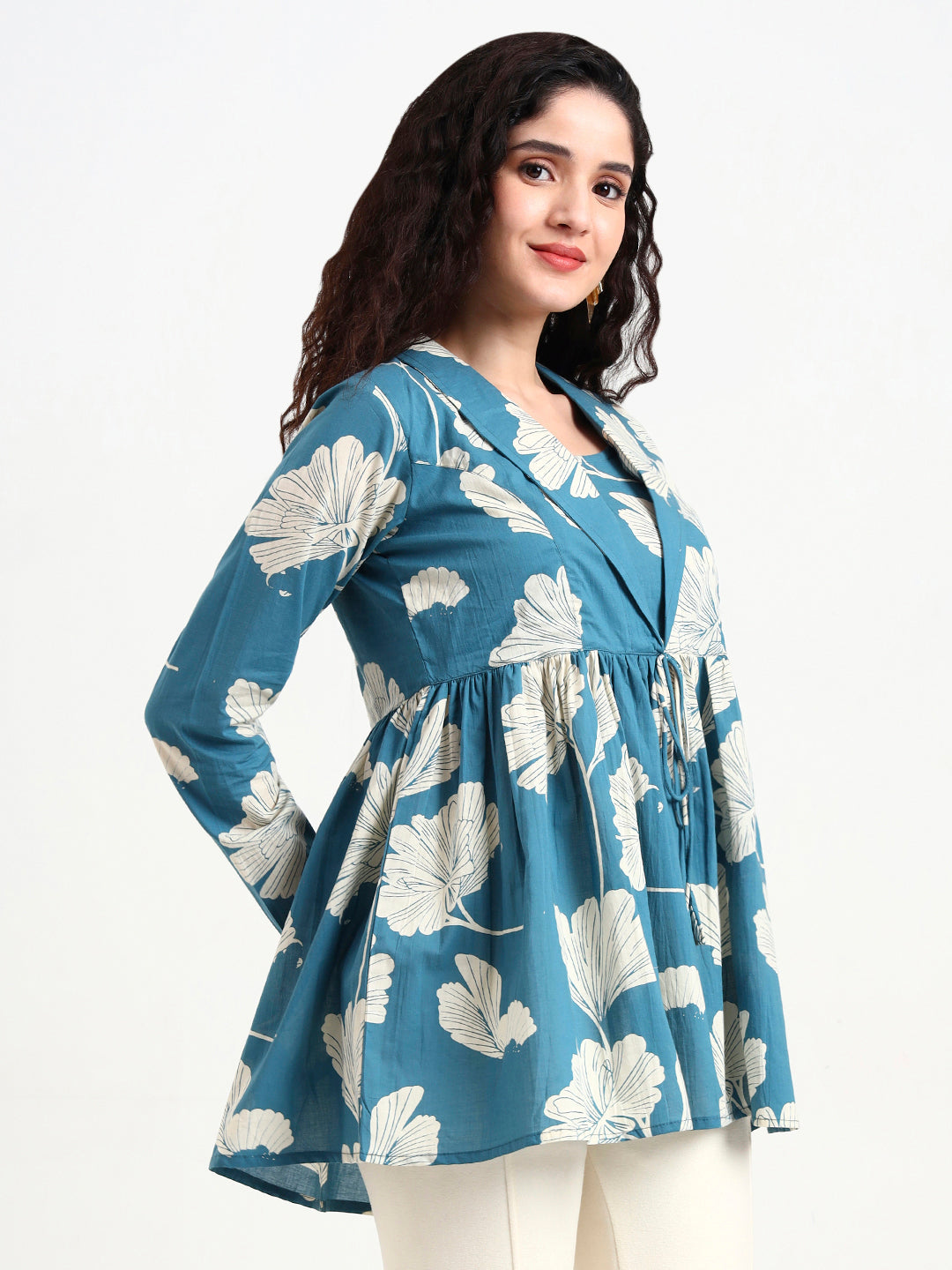 Noe Velarro Teal Blue Floral Print Cotton Top