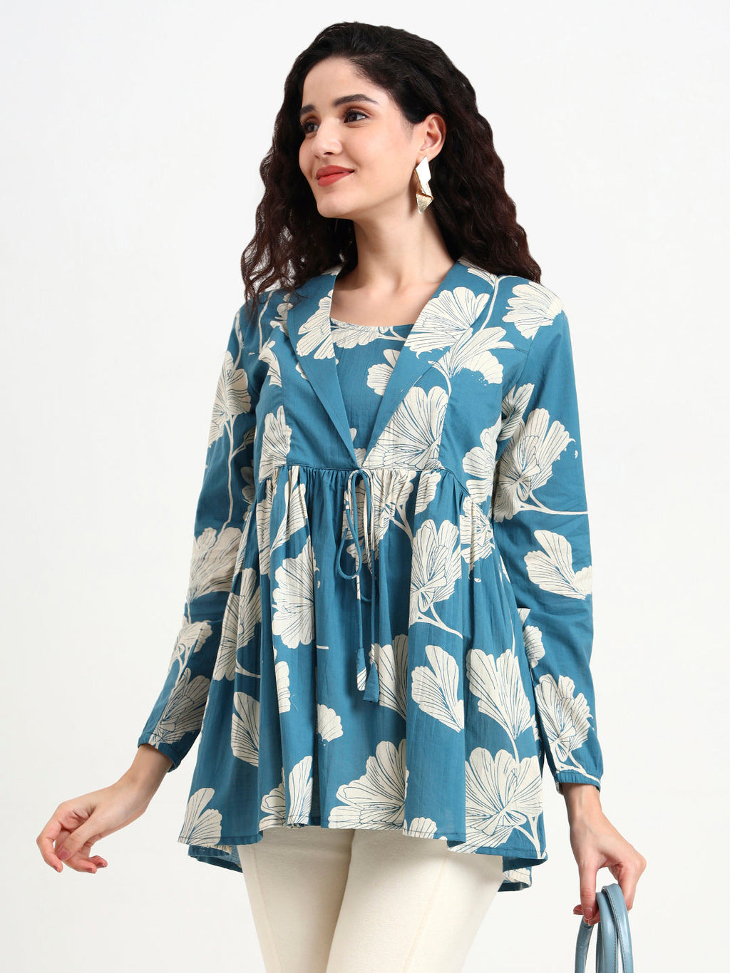 Noe Velarro Teal Blue Floral Print Cotton Top