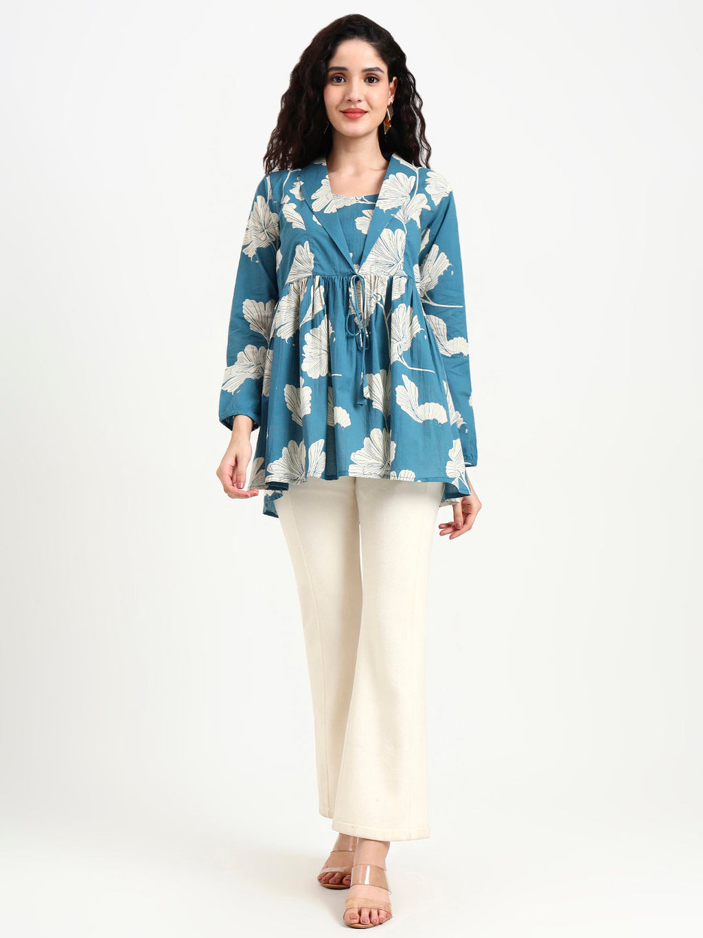 Noe Velarro Teal Blue Floral Print Cotton Top
