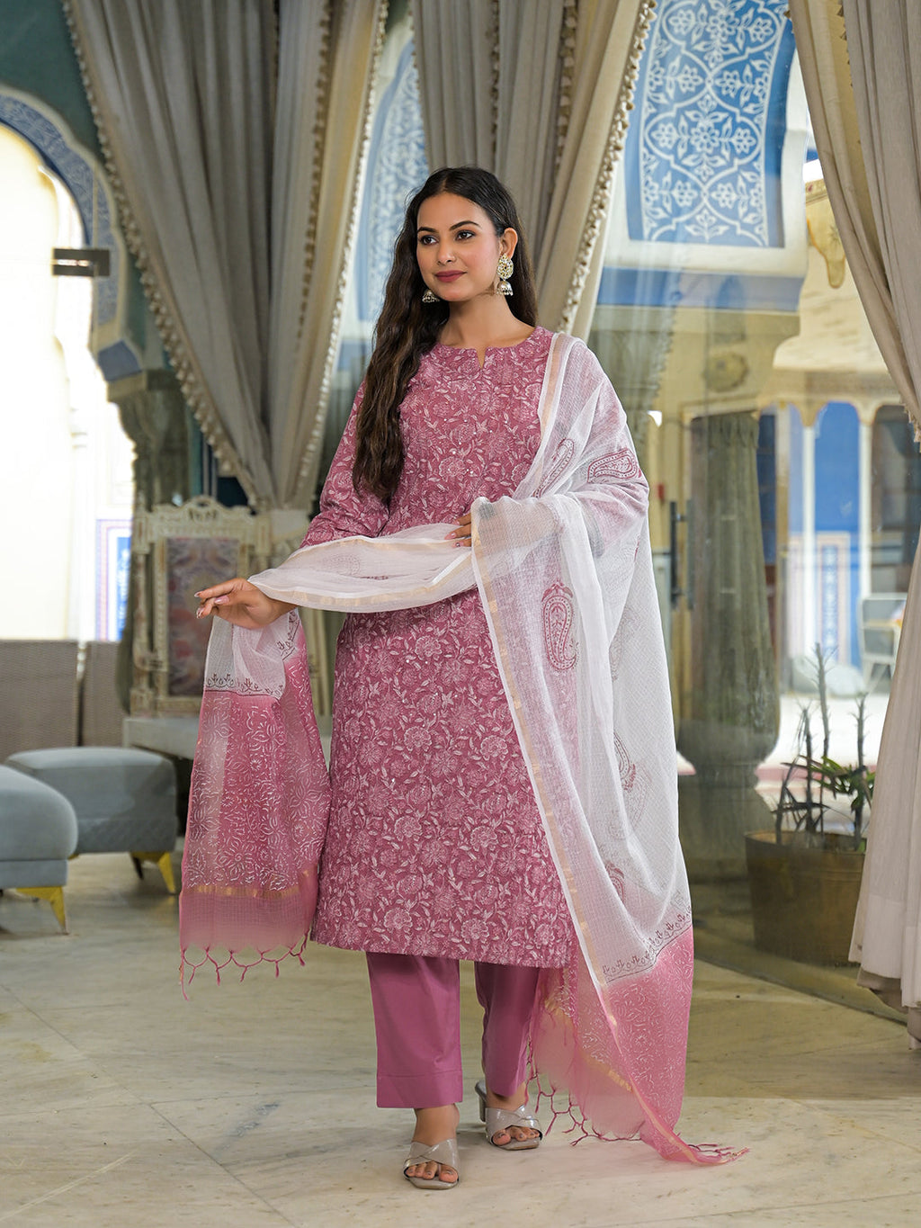 Noe Velarro Pink Embroidered Cotton Straight Kurta Pant Set With Dupatta