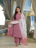 Noe Velarro Pink Embroidered Cotton Straight Kurta Pant Set With Dupatta