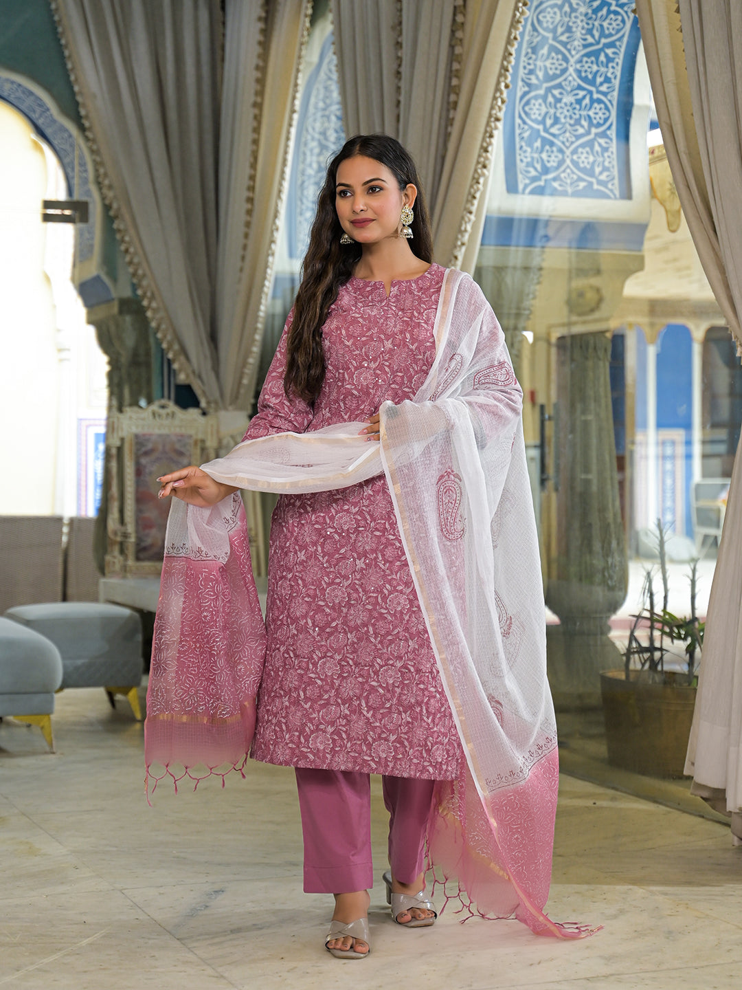 Noe Velarro Pink Embroidered Cotton Straight Kurta Pant Set With Dupatta