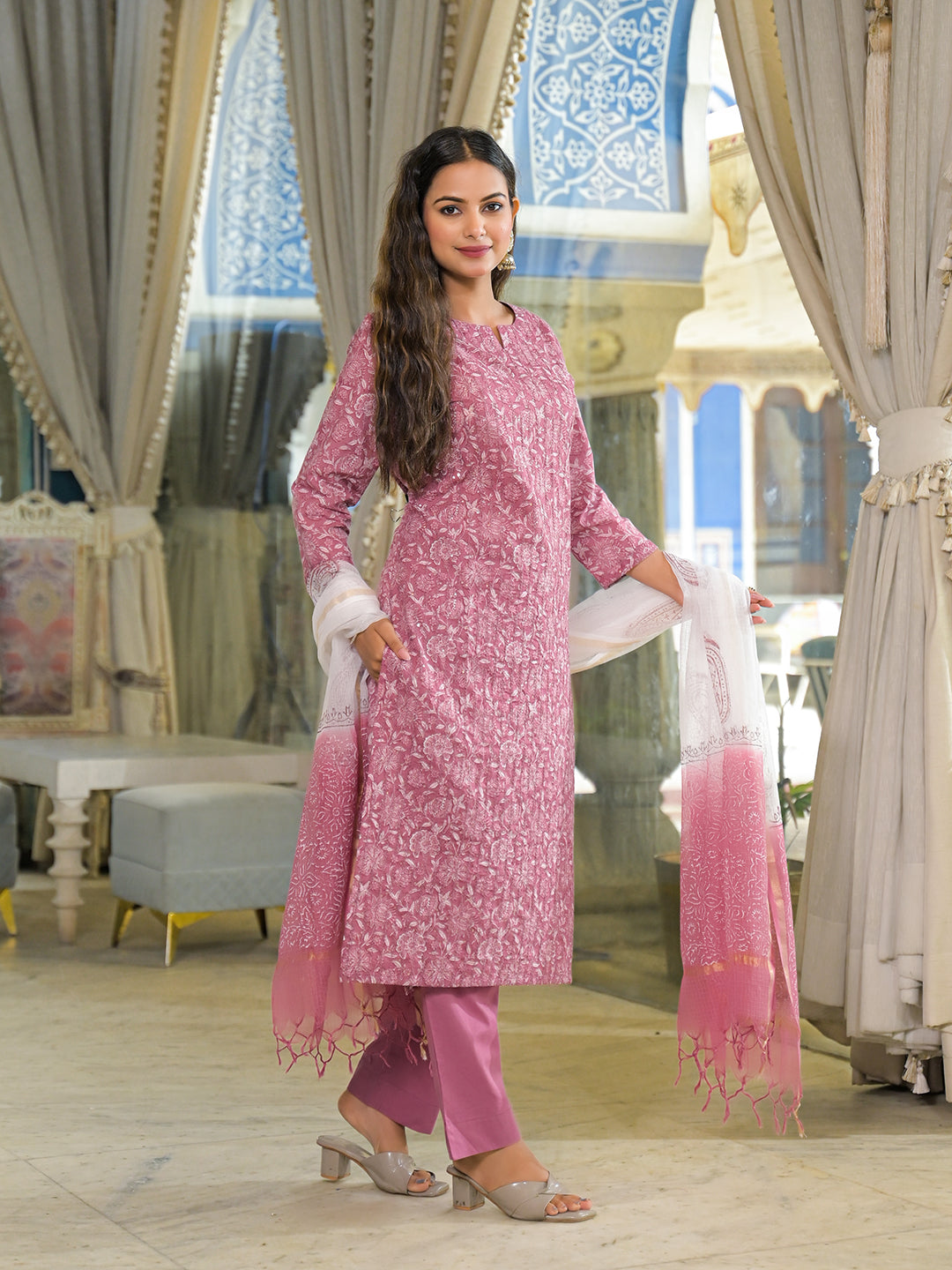 Noe Velarro Pink Embroidered Cotton Straight Kurta Pant Set With Dupatta