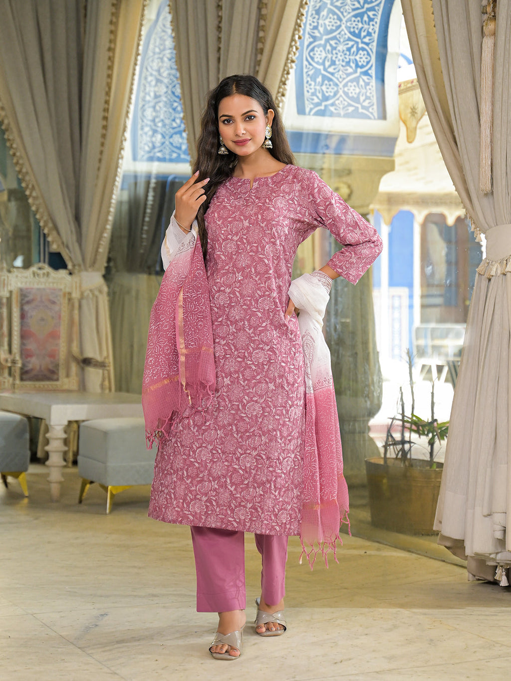 Noe Velarro Pink Embroidered Cotton Straight Kurta Pant Set With Dupatta