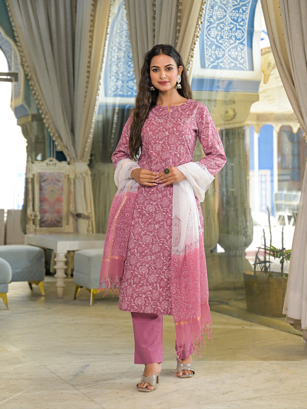 Noe Velarro Pink Embroidered Cotton Straight Kurta Pant Set With Dupatta