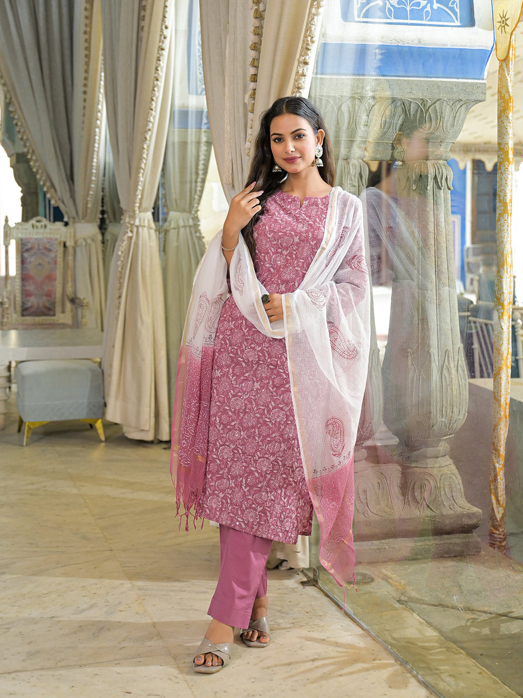 Noe Velarro Pink Embroidered Cotton Straight Kurta Pant Set With Dupatta