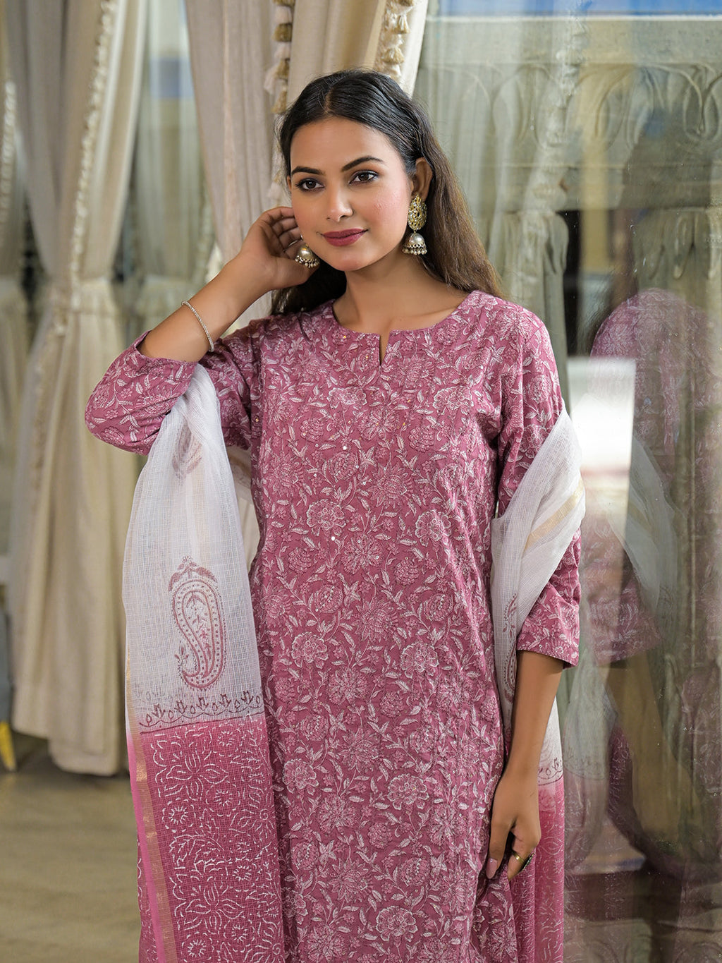 Noe Velarro Pink Embroidered Cotton Straight Kurta Pant Set With Dupatta