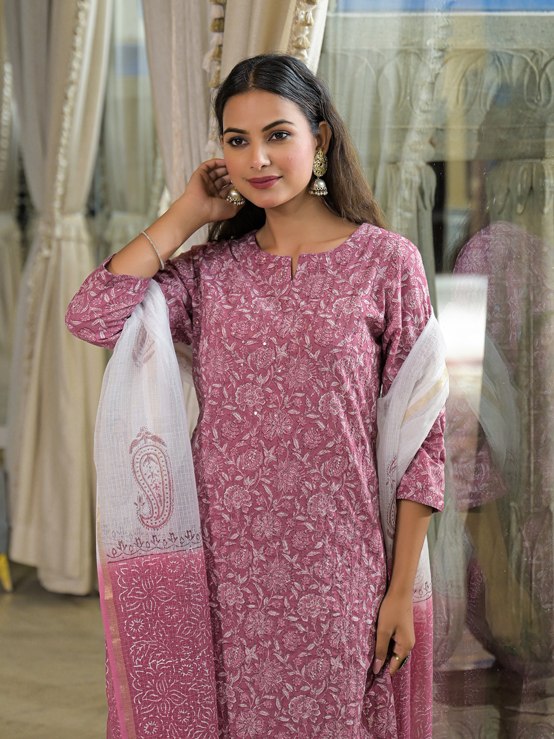 Noe Velarro Pink Embroidered Cotton Straight Kurta Pant Set With Dupatta