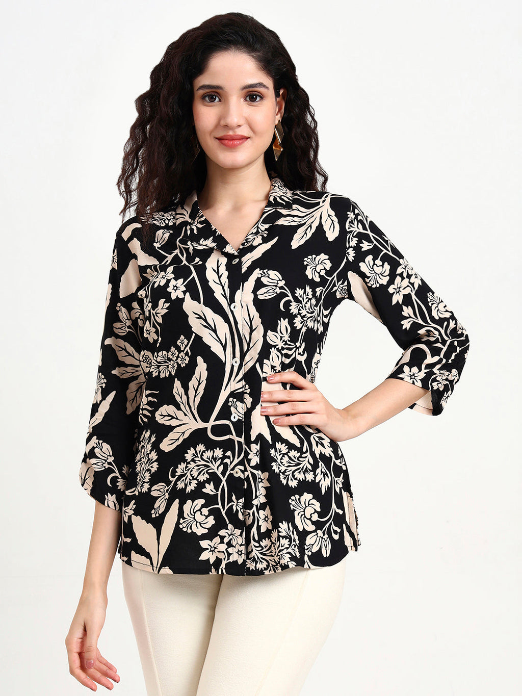 Noe Velarro Black Floral Print Rayon Top