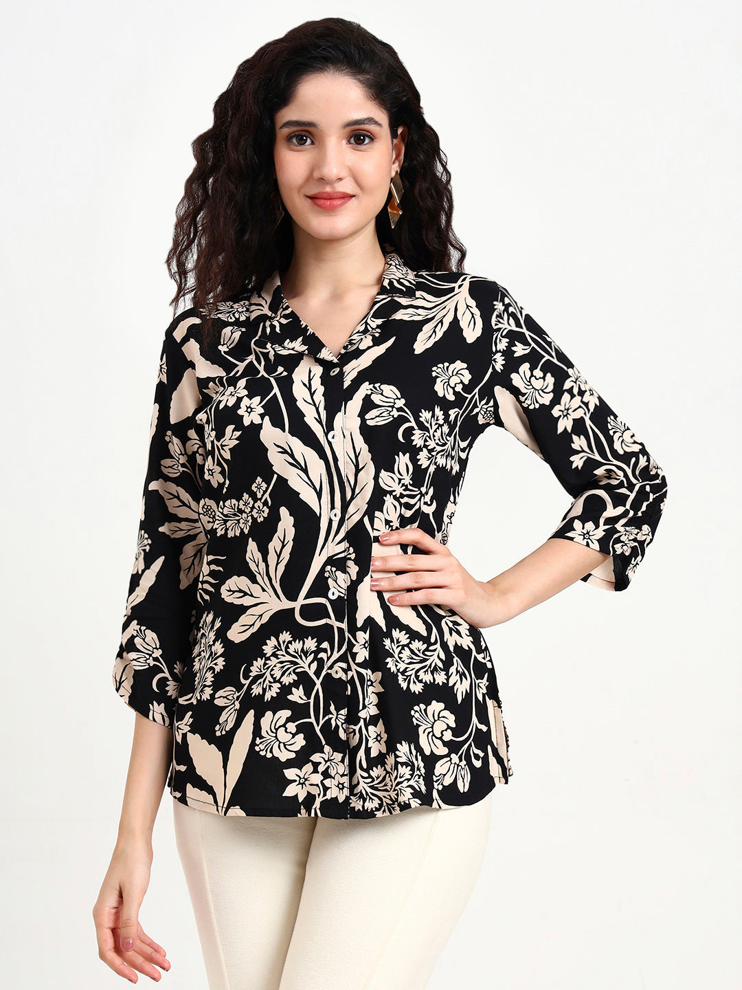Noe Velarro Black Floral Print Rayon Top