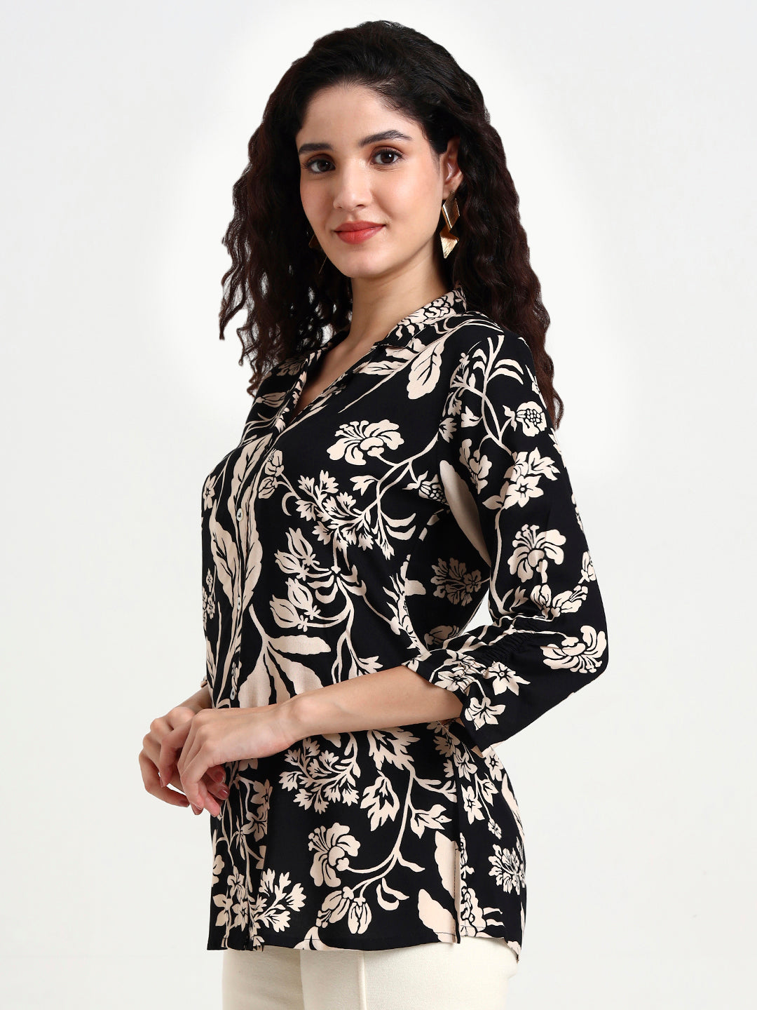 Noe Velarro Black Floral Print Rayon Top
