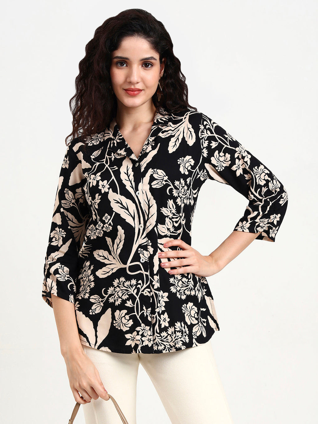 Noe Velarro Black Floral Print Rayon Top