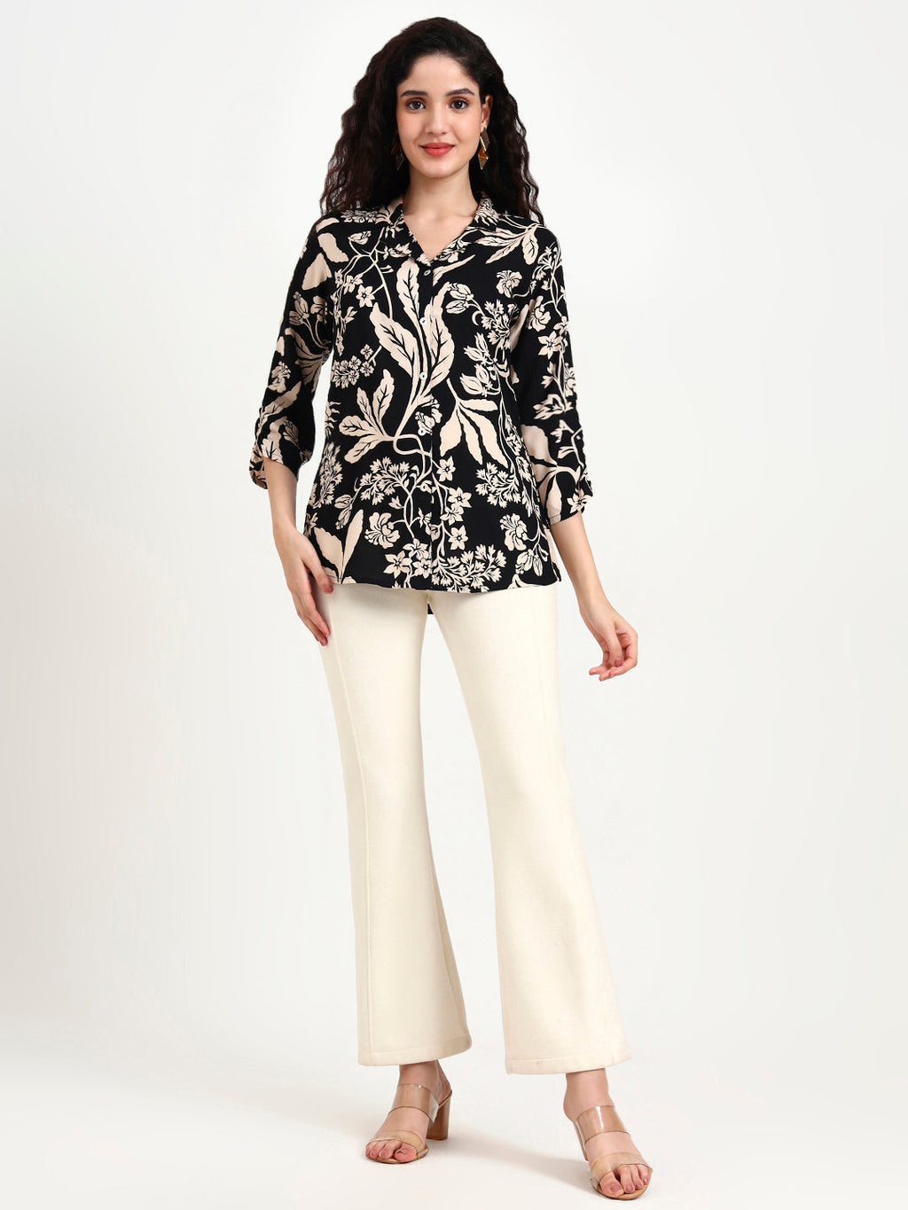 Noe Velarro Black Floral Print Rayon Top