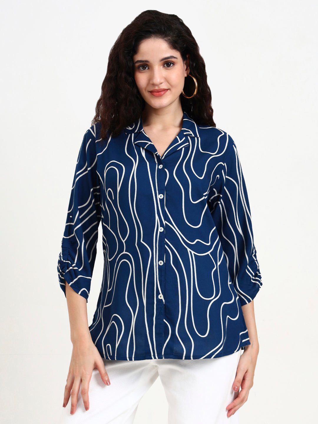 Noe Velarro Teal Blue Asymetric Print Rayon Top