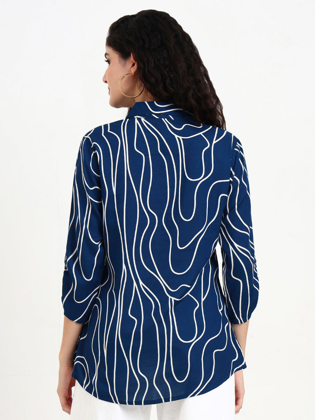 Noe Velarro Teal Blue Asymetric Print Rayon Top