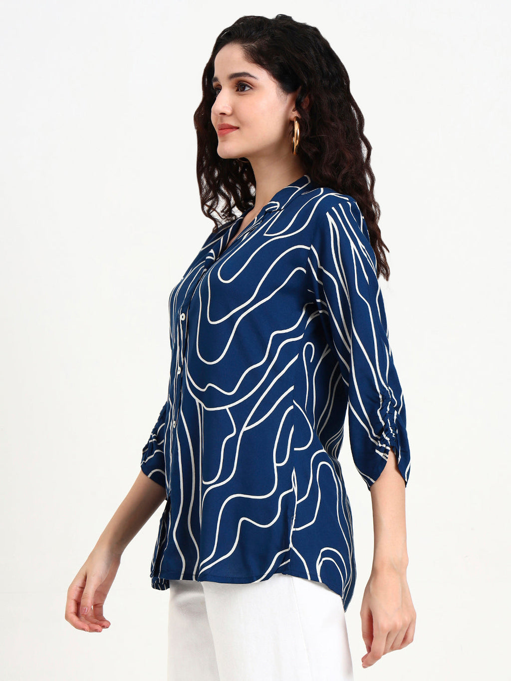 Noe Velarro Teal Blue Asymetric Print Rayon Top