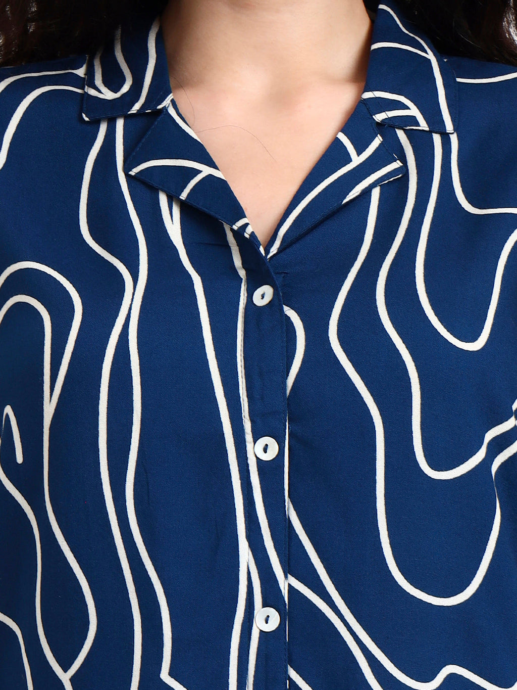 Noe Velarro Teal Blue Asymetric Print Rayon Top
