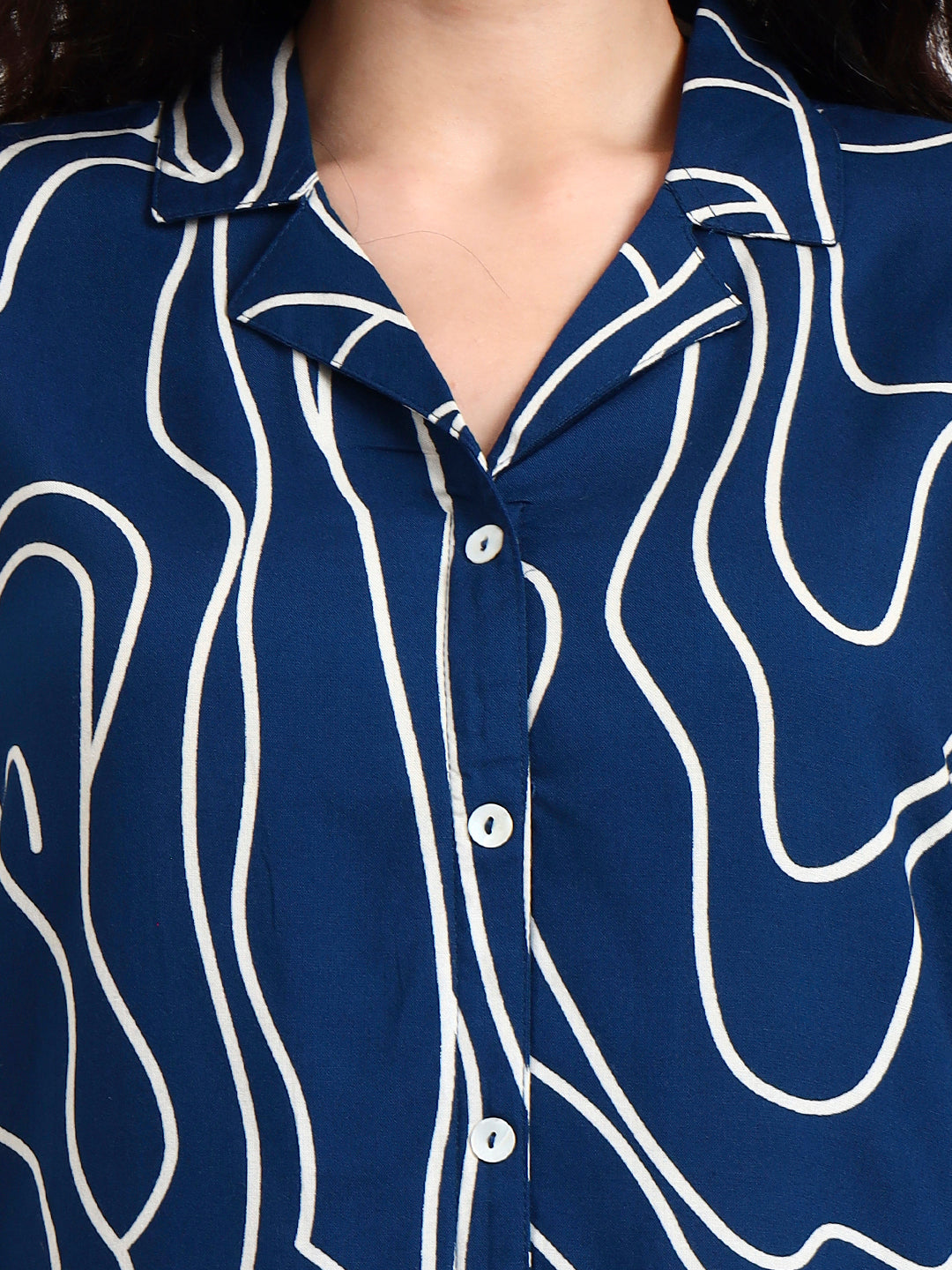 Noe Velarro Teal Blue Asymetric Print Rayon Top