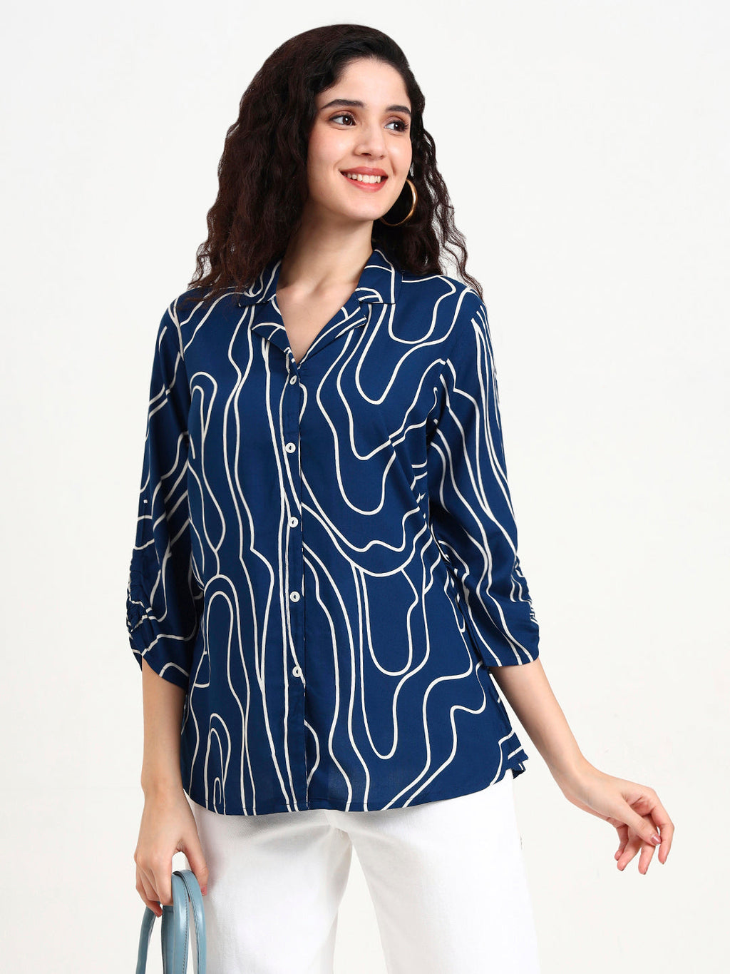 Noe Velarro Teal Blue Asymetric Print Rayon Top