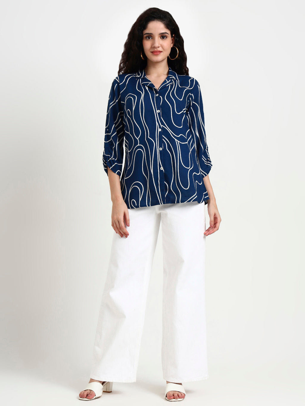 Noe Velarro Teal Blue Asymetric Print Rayon Top