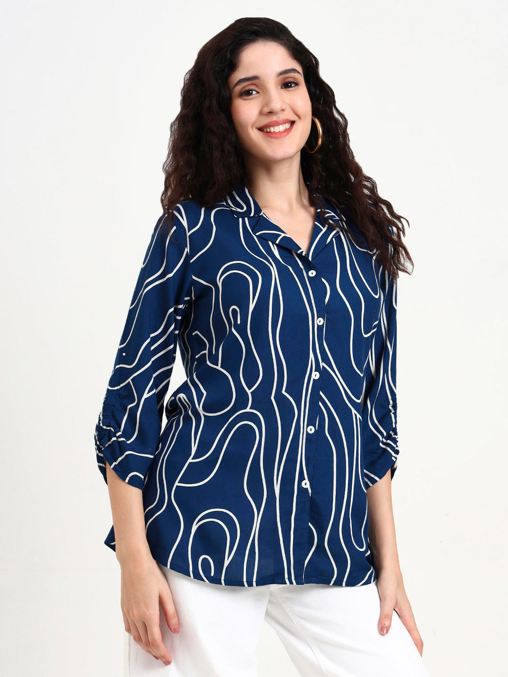 Noe Velarro Teal Blue Asymetric Print Rayon Top