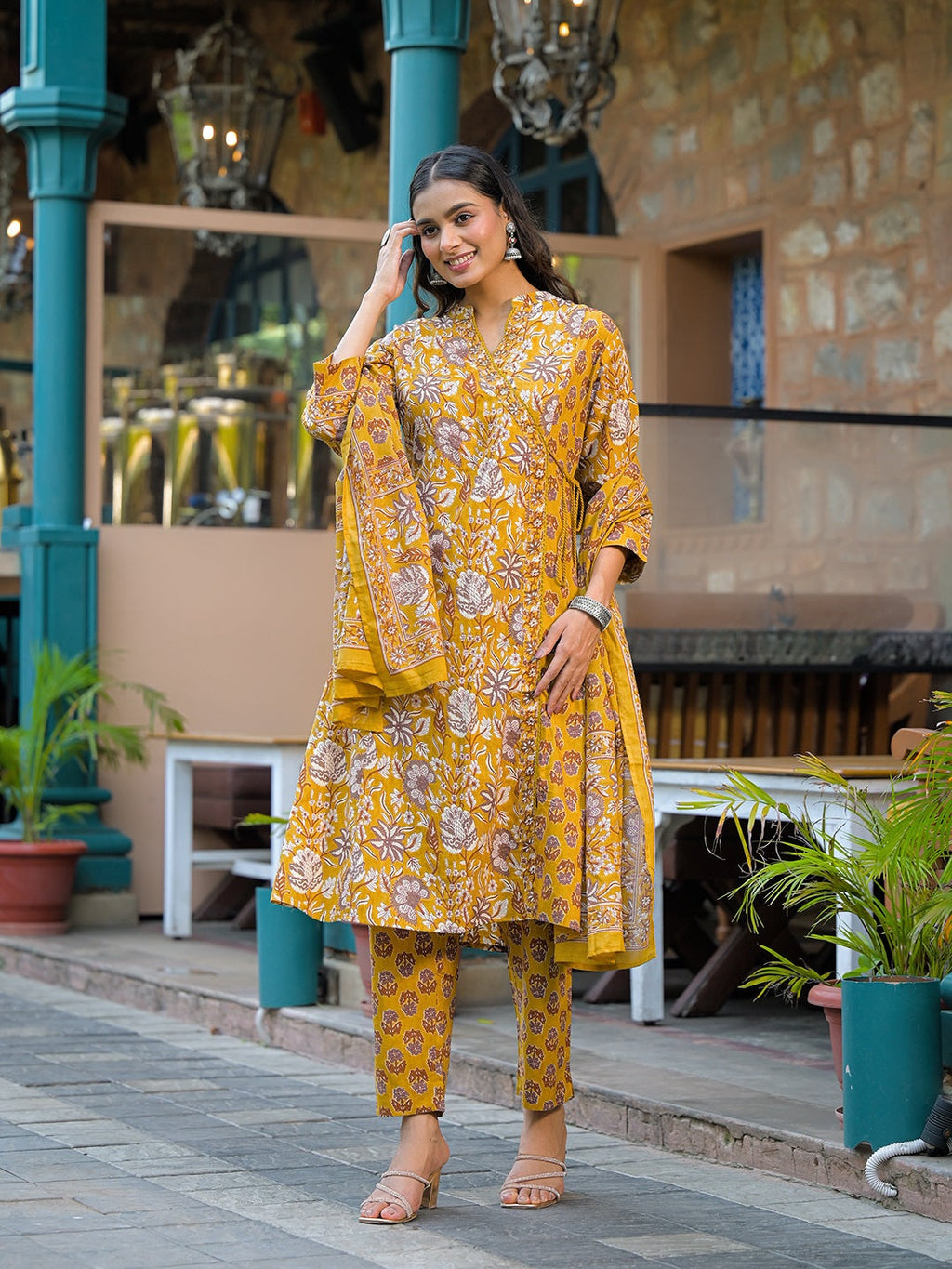 Noe Velarro Mustard Floral Print Cotton Kurta Sets With Dupatta