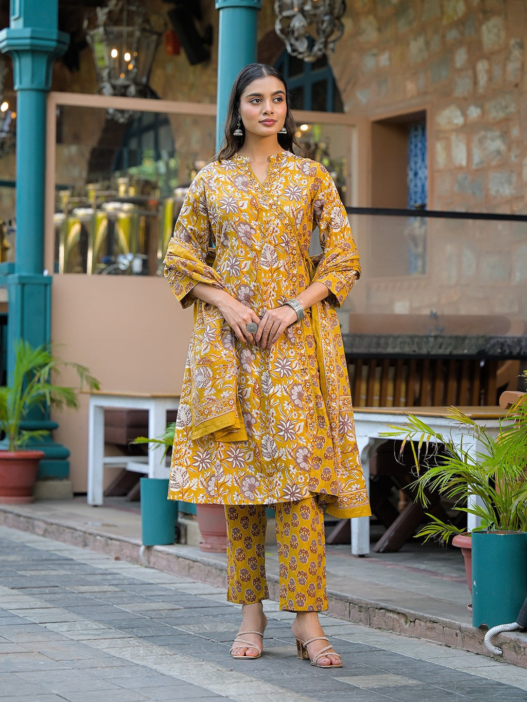 Noe Velarro Mustard Floral Print Cotton Kurta Sets With Dupatta