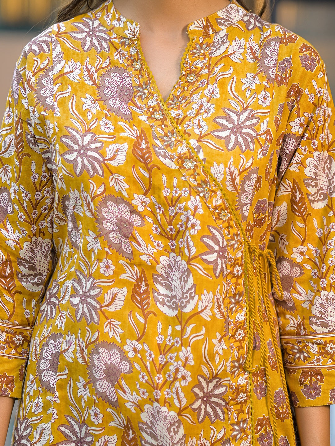 Noe Velarro Mustard Floral Print Cotton Kurta Sets With Dupatta