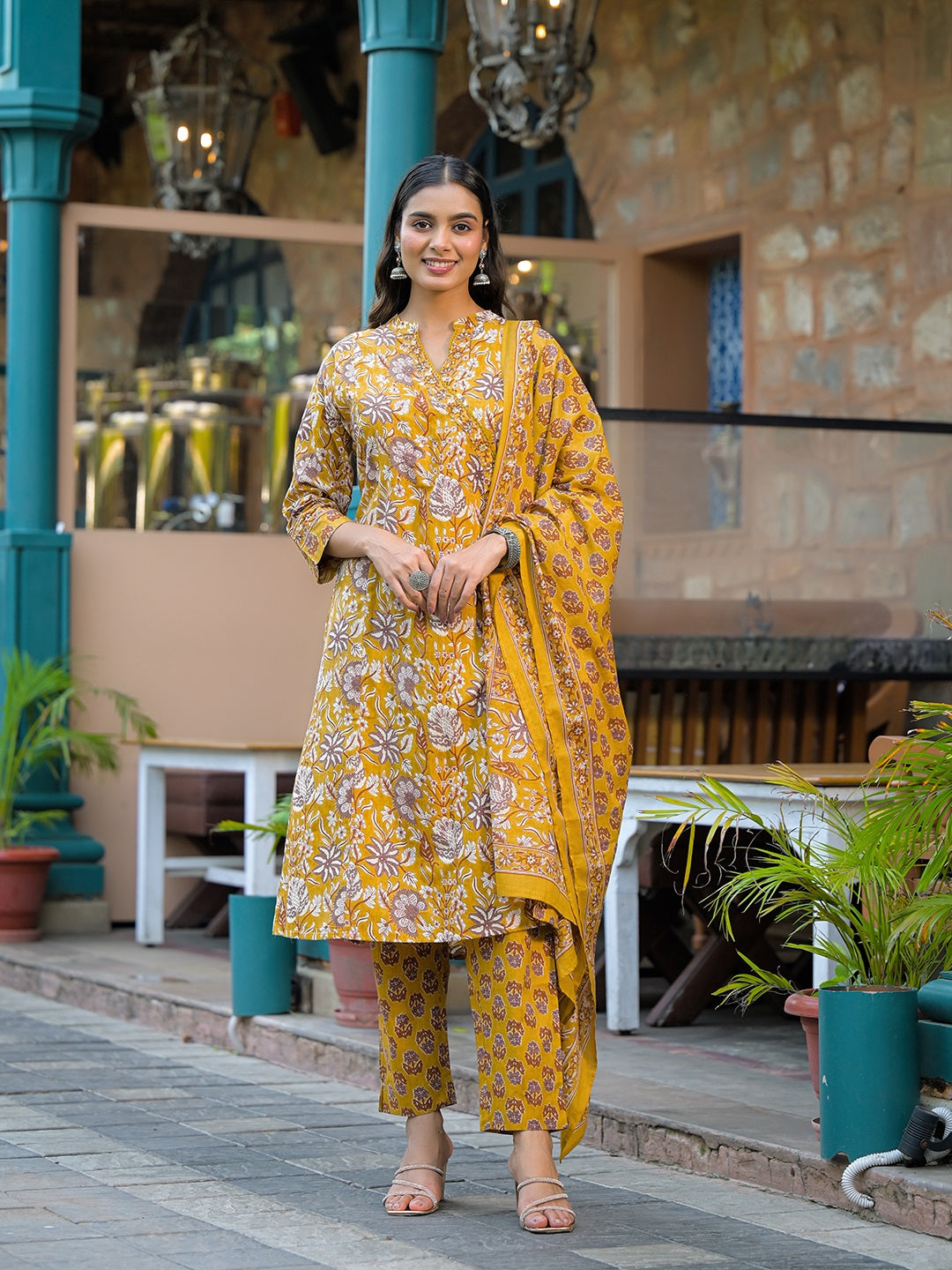 Noe Velarro Mustard Floral Print Cotton Kurta Sets With Dupatta