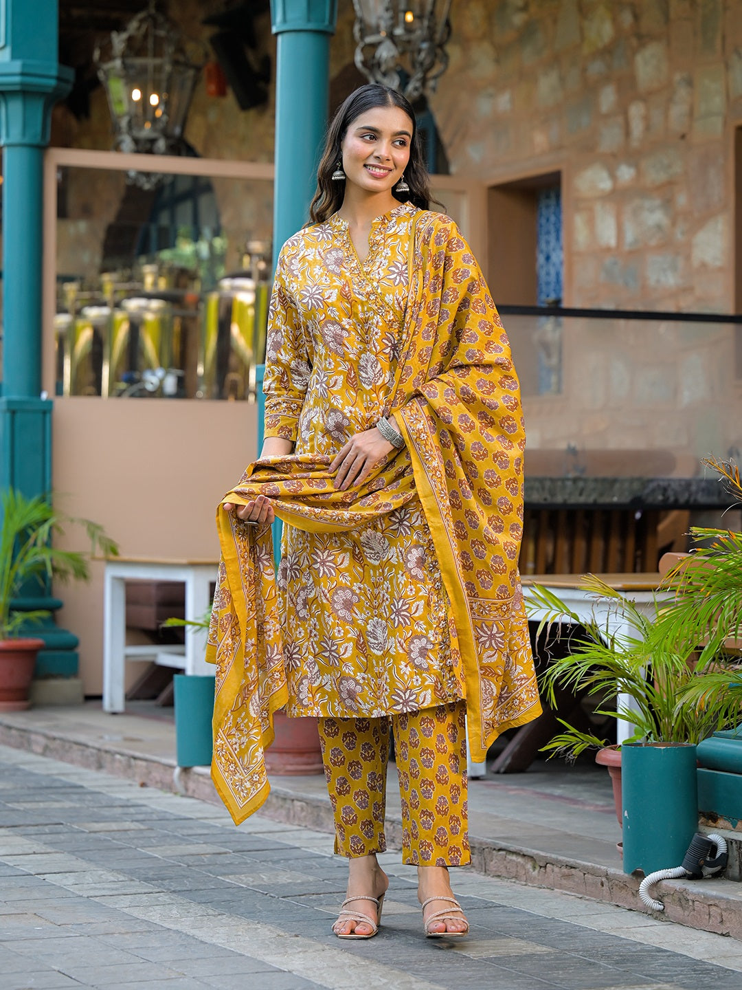 Noe Velarro Mustard Floral Print Cotton Kurta Sets With Dupatta