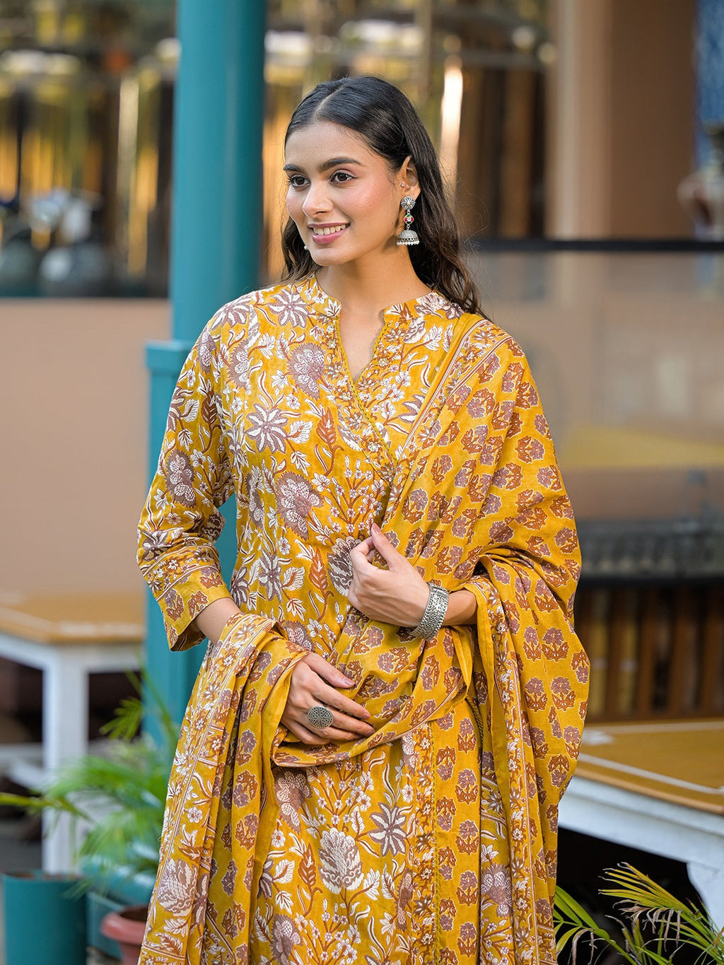 Noe Velarro Mustard Floral Print Cotton Kurta Sets With Dupatta