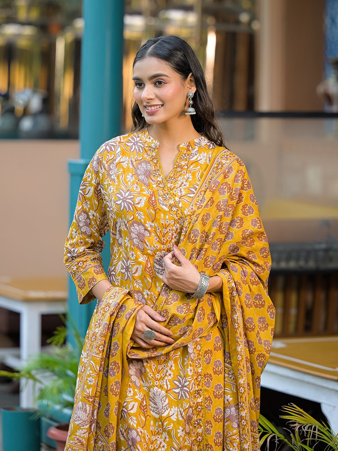 Noe Velarro Mustard Floral Print Cotton Kurta Sets With Dupatta