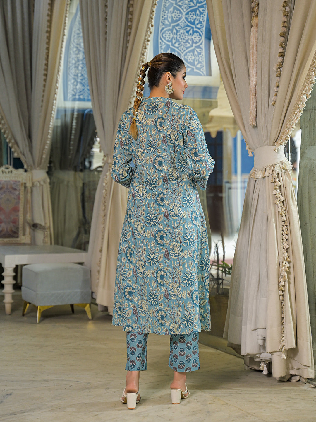 Noe Velarro Blue Floral Print Cotton A-Line Kurta Pant With Dupatta
