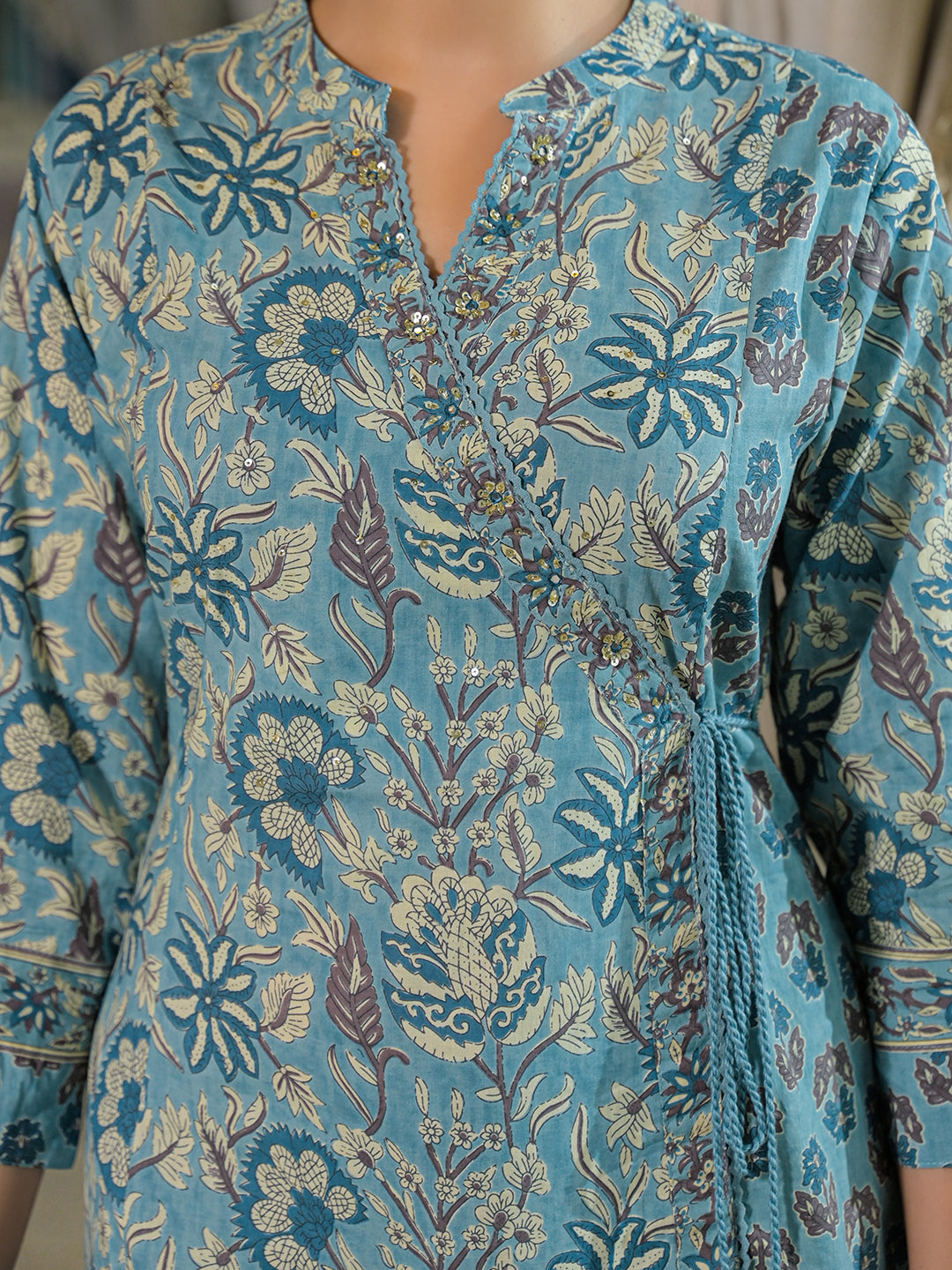 Noe Velarro Blue Floral Print Cotton A-Line Kurta Pant With Dupatta