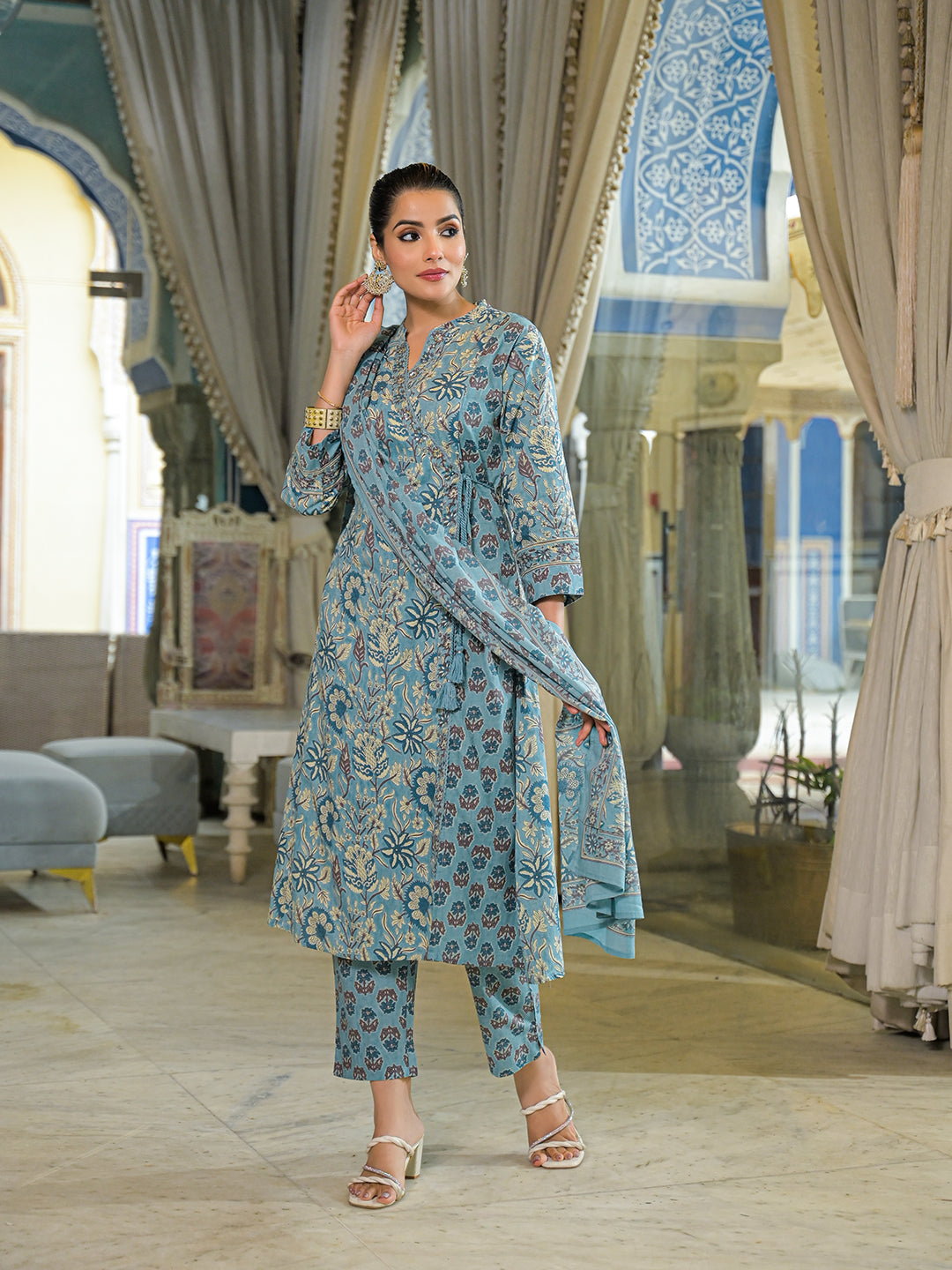 Noe Velarro Blue Floral Print Cotton A-Line Kurta Pant With Dupatta