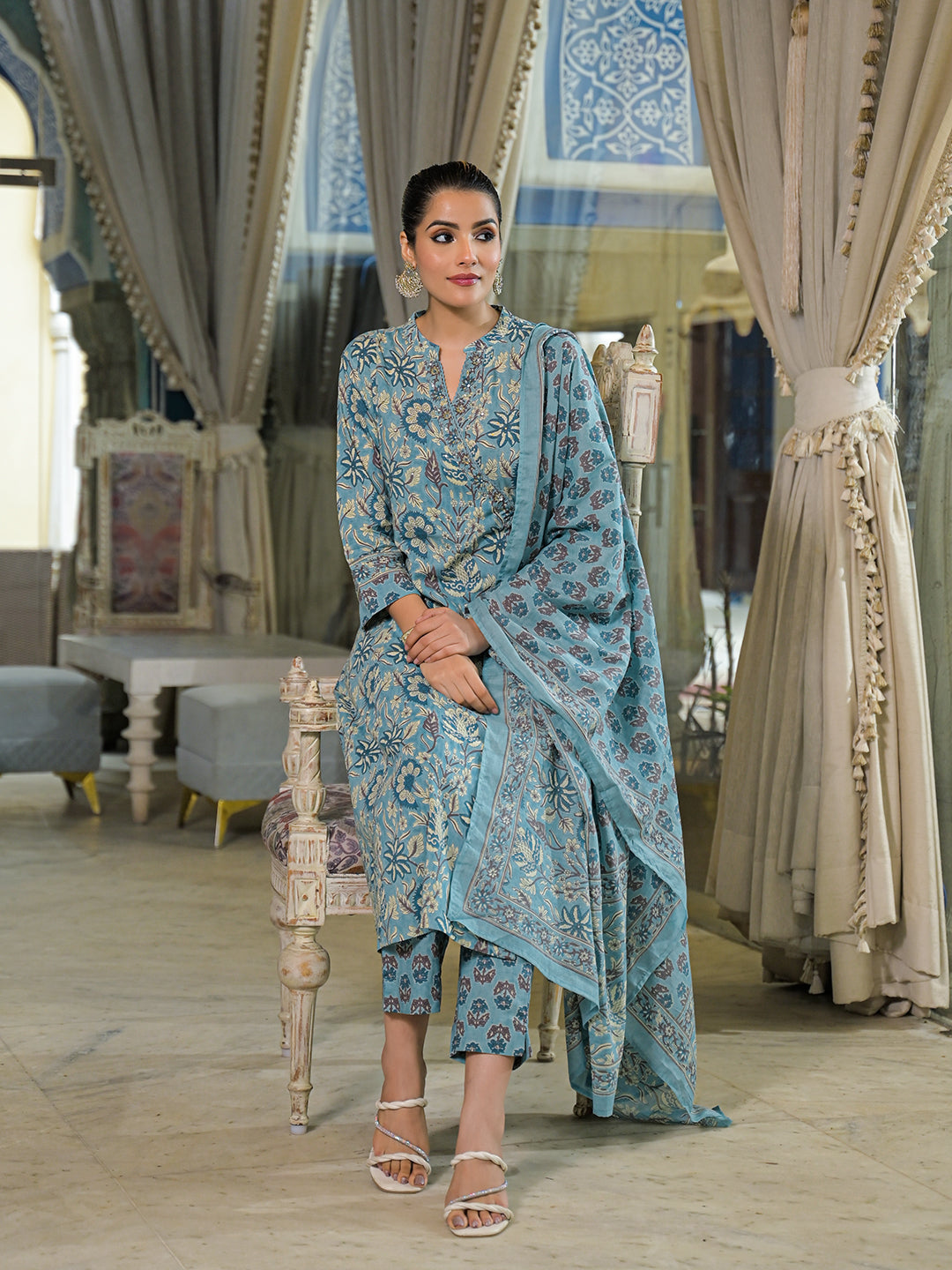 Noe Velarro Blue Floral Print Cotton A-Line Kurta Pant With Dupatta