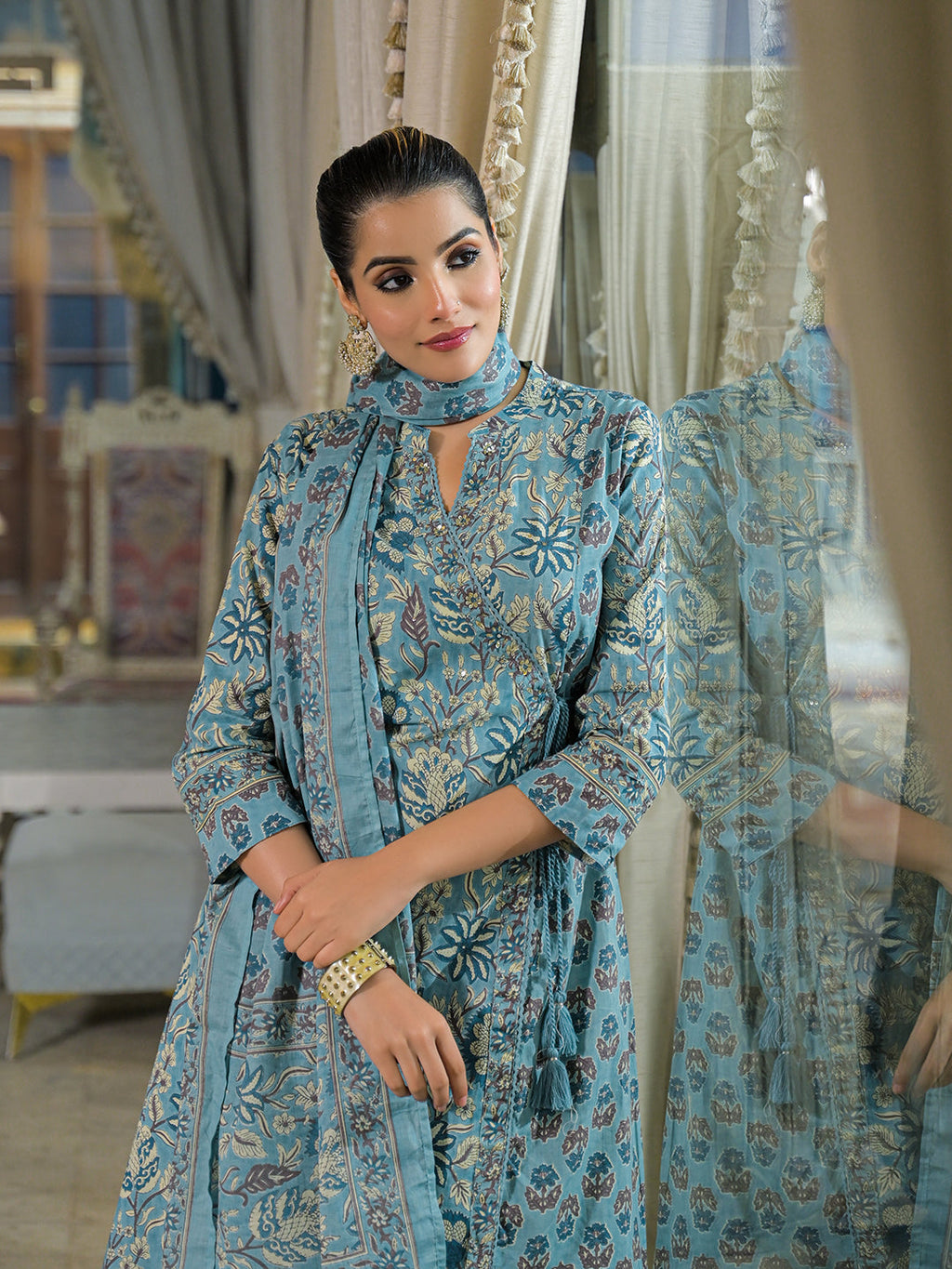 Noe Velarro Blue Floral Print Cotton A-Line Kurta Pant With Dupatta